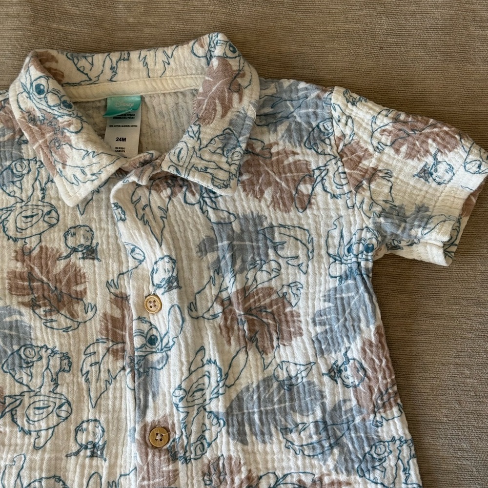 Disney Baby Stitch Button-Up Shirt 24M Blue & Tan Tropical Print Gauze Cotton - Picture 3 of 8